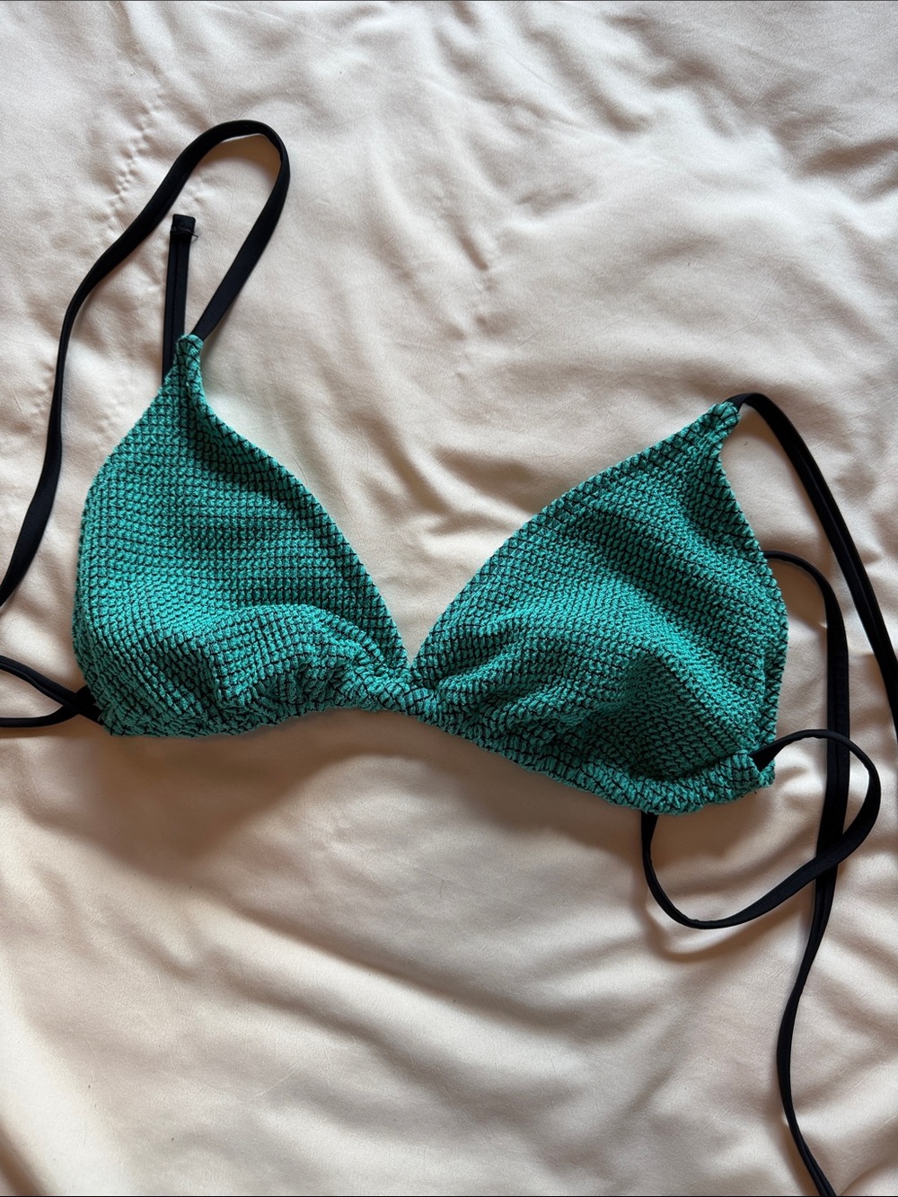 No Boundaries Teal Textured Triangle Bikini Top with Black Ties